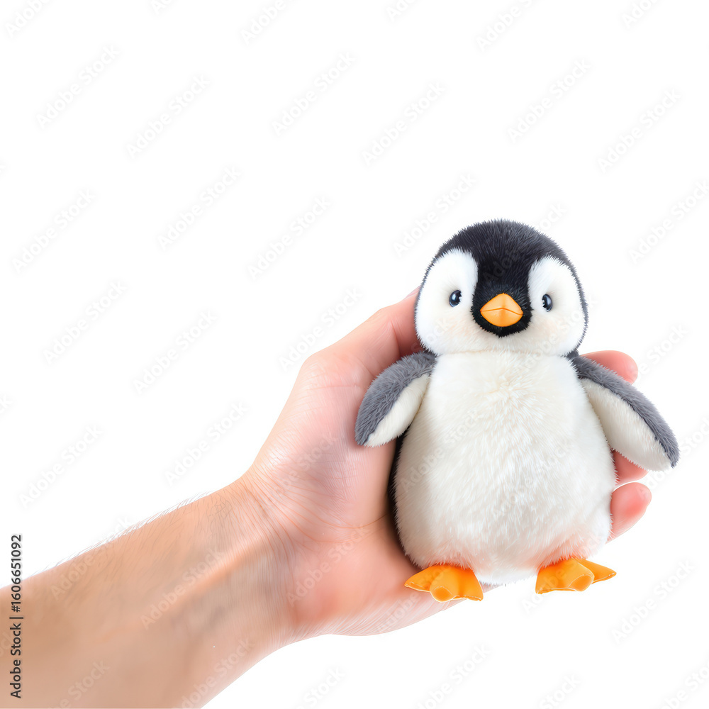 Naklejka premium Cute penguin plush toy held in hand