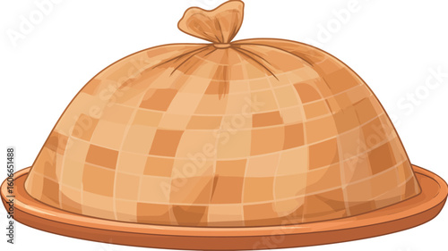 A digital illustration of a dome-shaped food cover, seemingly made of a woven or checkered fabric,  resting on a round orange tray. The cover is slightly translucent, suggesting contents