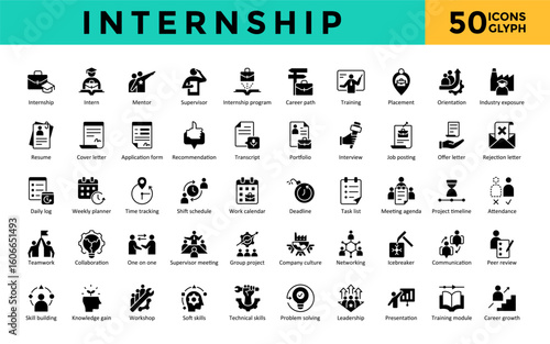 Internship icons set with internship, intern, mentor, supervisor, internship program, career path, training, placement, orientation, industry exposure icon. Simple glyph vector 
