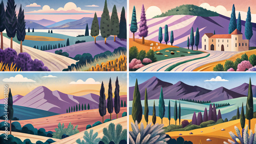 Set of vector illustration banners showing Italian countryside hills with pine trees, cypresses, and warm sunrise light. Perfect for travel, rural, and scenic designs