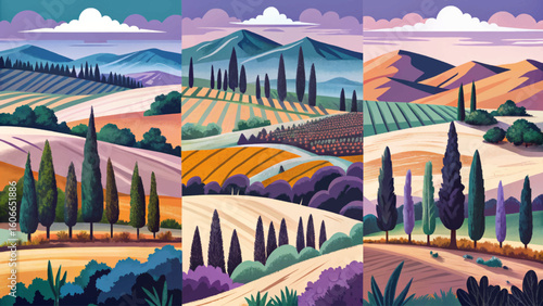 Set of vector illustration banners showing Italian countryside hills with pine trees, cypresses, and warm sunrise light. Perfect for travel, rural, and scenic designs