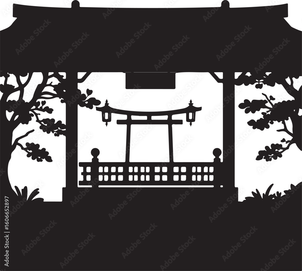Fototapeta premium Classic black and white vector silhouette of a Japanese garden with lanterns on a white background. Modern flat design aesthetic, simple two-dimensional shapes, timeless and elegant.