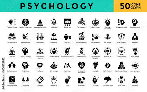 Psychology icons set with freudian theory, jungian archetypes, maslow's hierarchy, pavlov's dog, skinner box, piaget's stages, erikson's stages, cognitive dissonance icon. Simple glyph vector 
