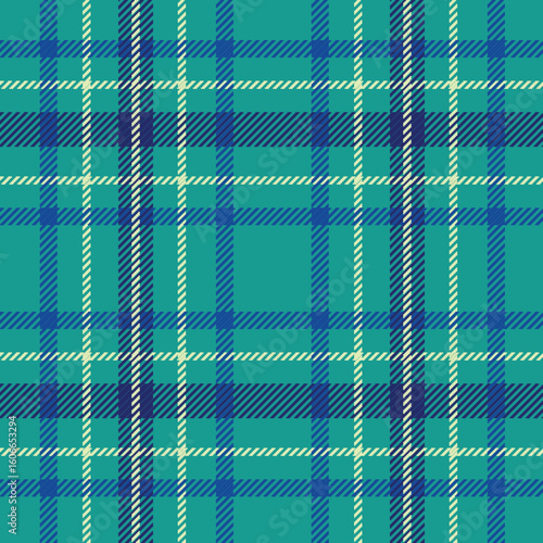 seamless plaid pattern showcases a vibrant turquoise base with bold navy blue and white intersecting stripes. The crisp and modern contrast makes it ideal for youthful clothing,dynamic digital design.