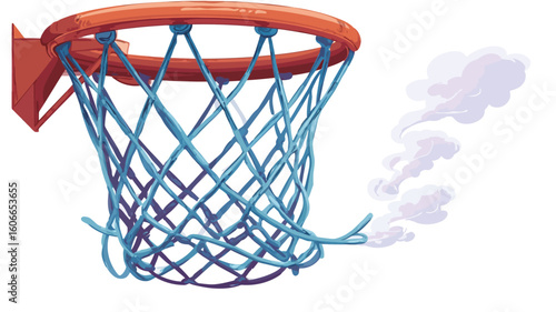 Close-up vector illustration of a basketball hoop with a blue and purple net. The net appears to be slightly burnt or singed, with wisps of white smoke emanating from it. The hoop is orange.