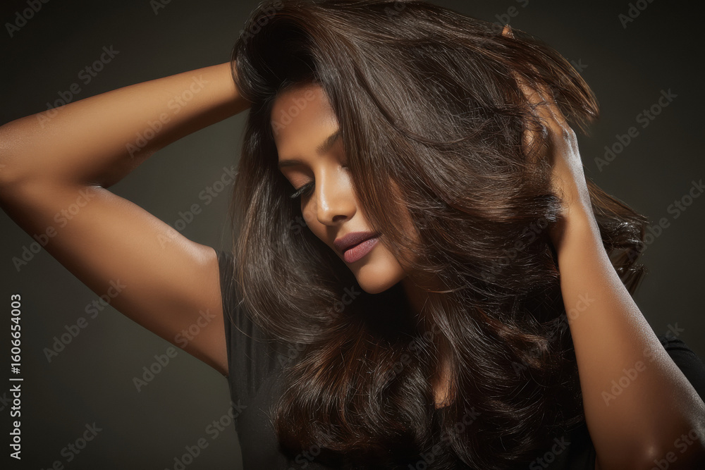 Obraz premium close up of young indian woman standing with black shiny hair