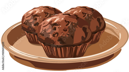 A digital illustration depicting three chocolate muffins arranged on a light brown paper plate. The muffins are dark brown, showing a slightly textured surface with hints of lighter brown, possibly