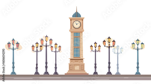 The image is a vector illustration depicting a collection of various street lamp designs and a central, tall clock tower. The style is cartoonish or illustrative, with clean lines and flat