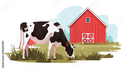 A vector illustration depicting a Holstein cow grazing in a green pasture. The cow is predominantly black and white.  A red barn with a large double door is visible in the background. 