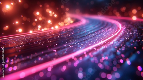 Abstract curved pathway of pink light, surrounded by bokeh orbs of red and blue, suggesting flow and energy