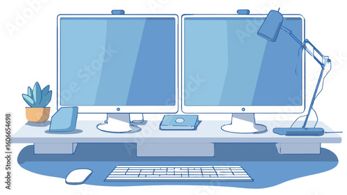 The image is a stylized illustration depicting a modern workstation setup featuring two computer monitors, a keyboard, a mouse, a desk lamp, a smartphone, a small potted plant, and a wallet or case