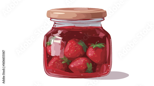 A digital illustration of a square glass jar filled with strawberry jam.  Several whole strawberries are visible within the translucent jam. The jar has a light brown wooden lid. 
