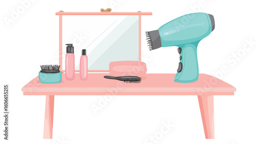 A digital illustration depicting a light pink vanity table with a mirror, a teal hair dryer, assorted cosmetic containers, a hairbrush, and a comb.  The style is flat-lay, presented in a vector