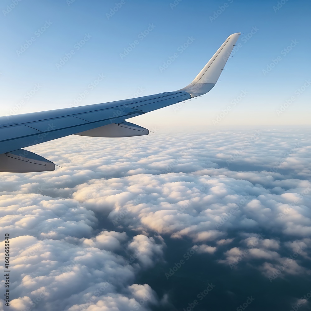 Obraz premium Airplane wing over a vast expanse of puffy clouds.