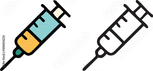Two stylized syringes, one colored and one outlined, representing medical treatment and healthcare.