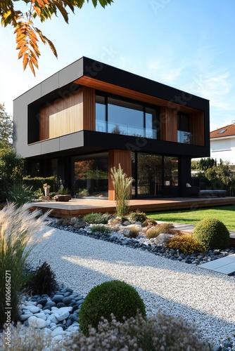 Exterior view of a modern minimalist cubic two-story private house, villa in a forest. Black walls decorated with timber wood cladding, complemented by a well-designed backyard, Generative AI