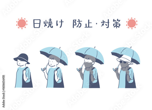 日焼け対策をして歩く女性のイラストセット