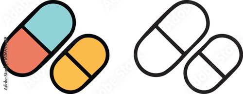 Two stylized pills, one colored with coral and teal, the other yellow, alongside their outline counterparts.