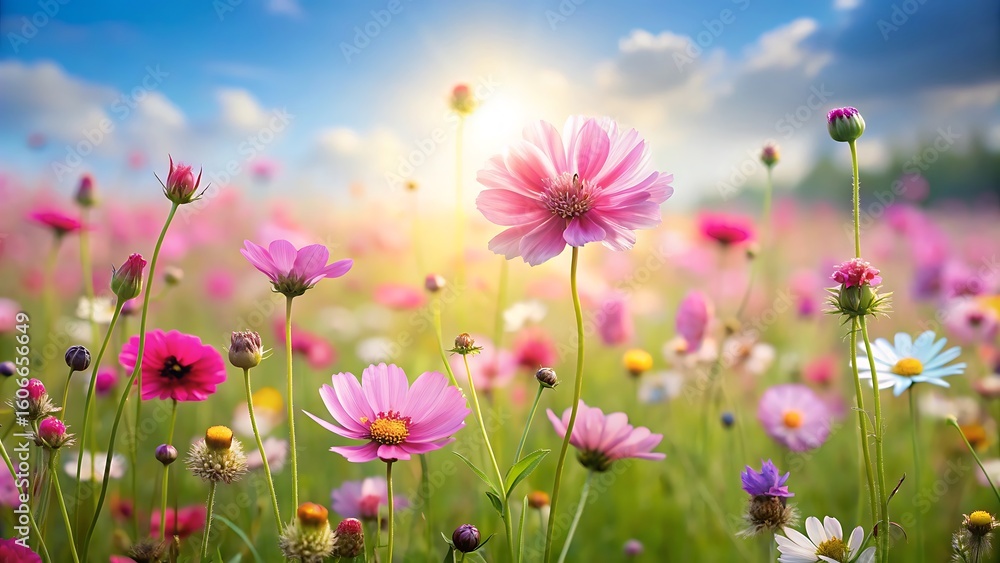 Fototapeta premium Photo of cosmos flowers blooming in a sunny meadow