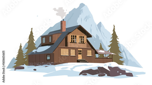 A digital illustration depicting a brown wooden cabin situated on a snowy hillside against a backdrop of snow-capped mountains. The cabin features a gabled roof, chimney with smoke, and several