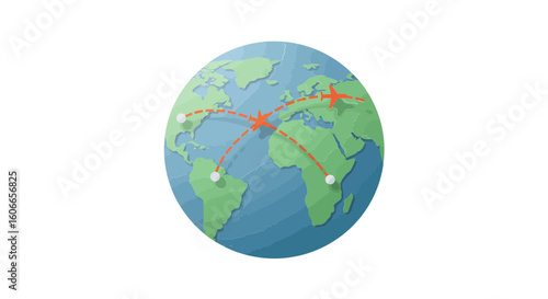 A graphic representation of a global journey, with airplane flight routes whisking travelers between international destinations on a world map.