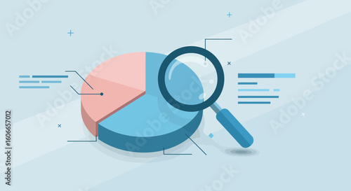Financial analytics and statistical overview using a magnifying glass to inspect a pie chart for insightful business reporting.