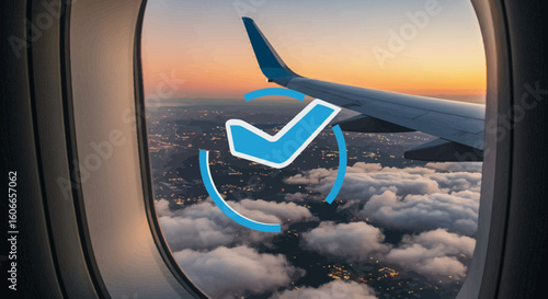 Airplane flight confirmed with checkmark icon over a window view of clouds at sunset. Travel booking and insurance concept.