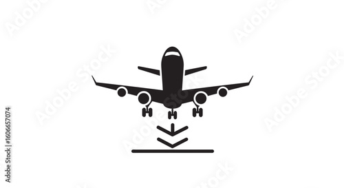 Vector icon of a passenger airplane landing on a runway. A simple symbol representing air travel, arrival, and transportation.