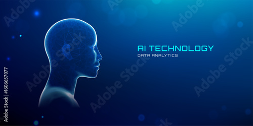 AI avatar head digital face 3D with robot human. Futuristic blue neon scan effect for recognition technology and security concepts. Abstract mesh or particle network designs for cyber intelligence.