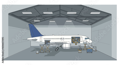 Detailed vector illustration of a commercial airplane undergoing scheduled maintenance and repair in a large, illuminated hangar.