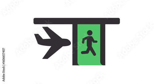 Simple airport departure gate icon with an airplane and running person symbol. A vector graphic for air travel, transportation, and terminal signage.