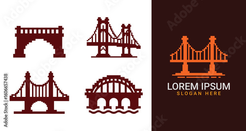 Pixel Bridge Logo Set – Blue 8-Bit Landmark Icons for Digital, Game, and Architecture Design

