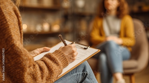 A person wearing a brown sweater takes notes on a clipboard during a therapy session with a woman sitting on a chair in the background.