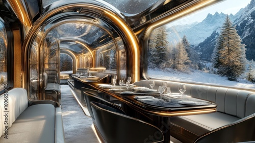 Luxurious train dining car in the mountains