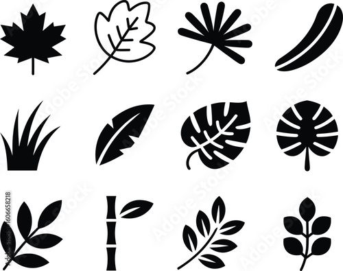 Collection of stylized black and white botanical leaf icons and silhouettes