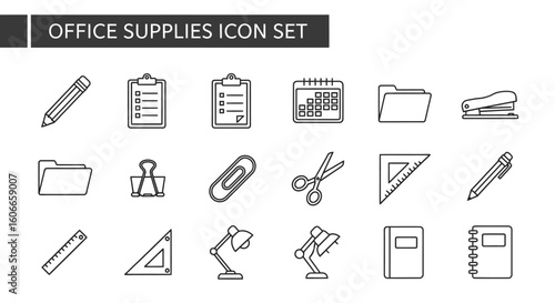 Essential office supplies icon set for business and productivity, modern design style
