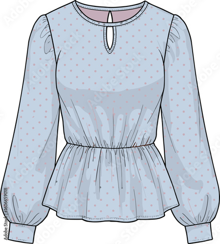 Technical flat sketch of a women's light blue blouse, featuring a delicate pink polka dot print, keyhole neckline, cinched waist, and stylish long puffed sleeves, ideal for modern fashion design.