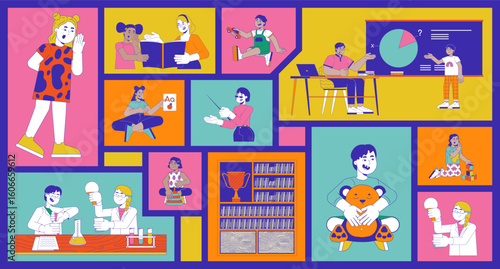 Classroom learning and playful education bento grid illustration set. Reading, science experiments 2D vector image collage design collection. Diverse students teachers flat characters moodboard layout