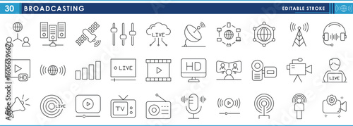 A set of line icons related to Broadcasting. Broadcast, radio, TV, network, server, camera, live, record, satellite, and so on. Vector editable stroke.
