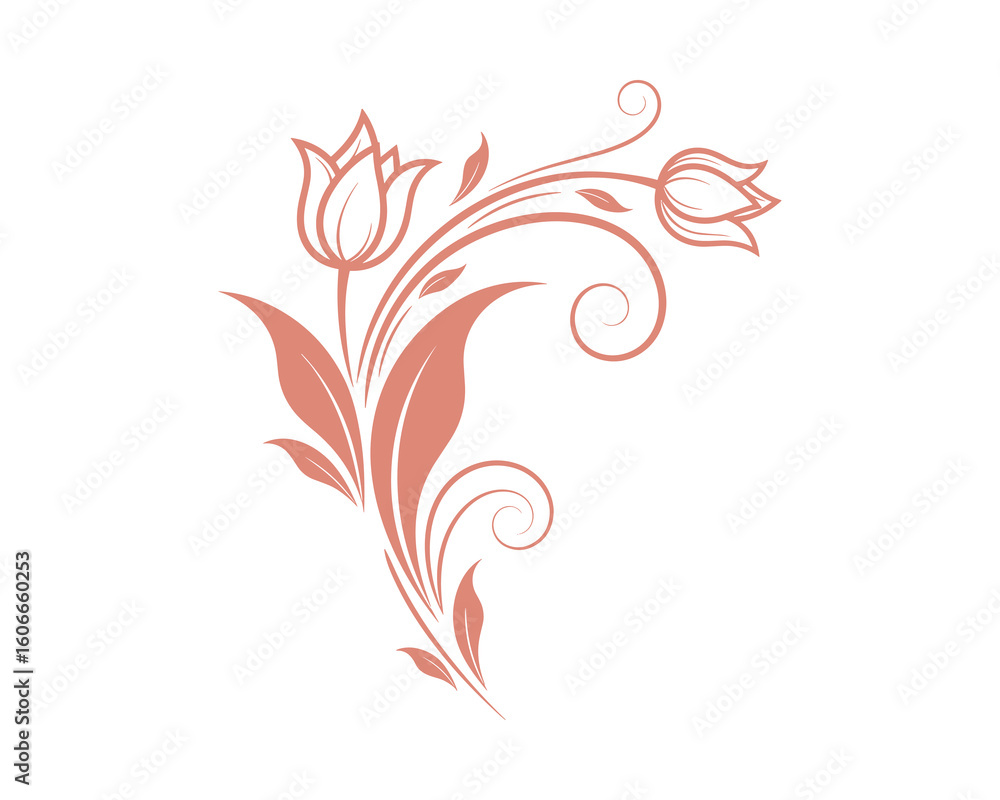 Elegant Floral Branch Design with Tulips, Leaves and Curls in Terracotta Color, Vector Illustration Elegant Floral Branch Design with Tulips, Leaves and Curls in Terracotta Color, Vector Illustration