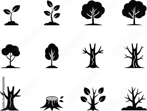 Collection of stylized tree icons representing growth and decay