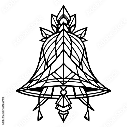 Decorative bell design with geometric patterns in black outline  