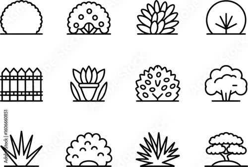 Collection of simple line art icons representing various plants and garden elements