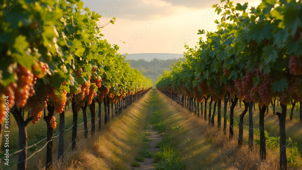 Naklejka premium Rows of grapevines heavy with fruit. Ultra realistic vineyard landscape. Picturesque grapes ripening in sunlight. Beautiful winery scenery in autumn.