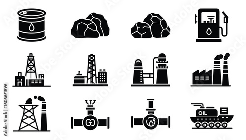 Energy Industry Icons Set. Oil barrel, coal, gas pump, rig and factory. Fuel production Vector Illustration