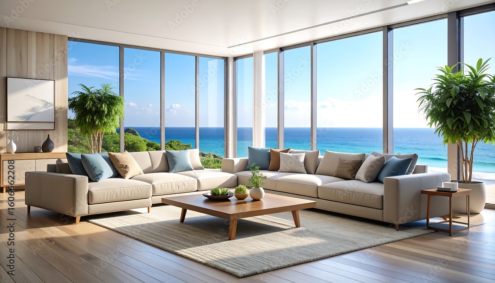 Fototapeta premium Coastal living room with ocean views