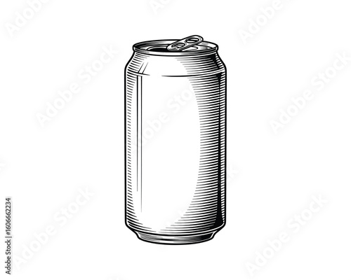 Engraved Style Soda Can Illustration, Drink Container in Tall Shape Vector Illustration