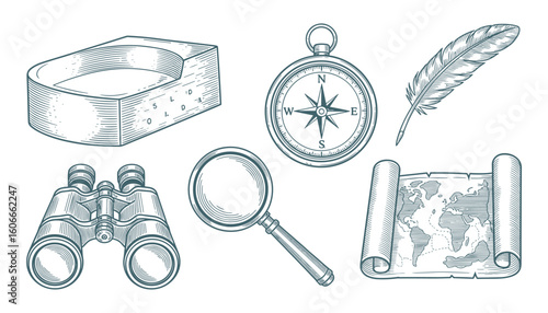 Exploration Tools Set: Compass, Binoculars, Magnifying Glass, Map and Feather Quill Vector Illustration