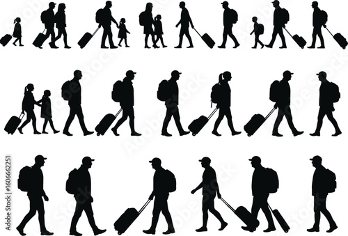 Diverse Traveler Silhouettes, People with Luggage and Backpacks Walking, Families and Individuals, Journey, Vacation, Business Trip, Departure, Arrival, Vector Illustration for Travel Concepts