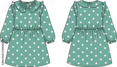 WebGirls' Polka Dot Dress CAD Drawing Flat Vector Illustration, Ruffle Collar, Long Sleeves, Elastic Cuffs, Empire Waistline, Kids Fashion Design Concept, Front and Back Views, Teal and White.